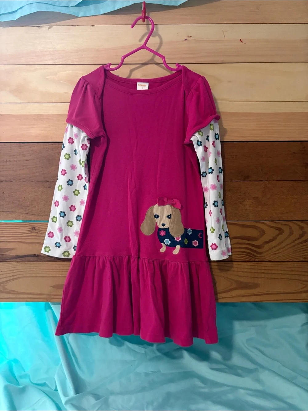 Gymboree Hot Pink Dress with Floral Long-Sleeves and Puppy Applique